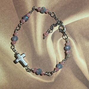Chic Silver Cross Pink and Blue Bead Bracelet
